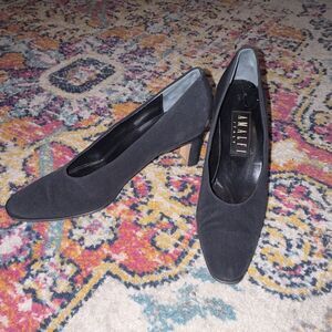Amalfi Italy Black Genuine Leather/Fabric Heels Sz 8 Women’s AA width 2 in heel